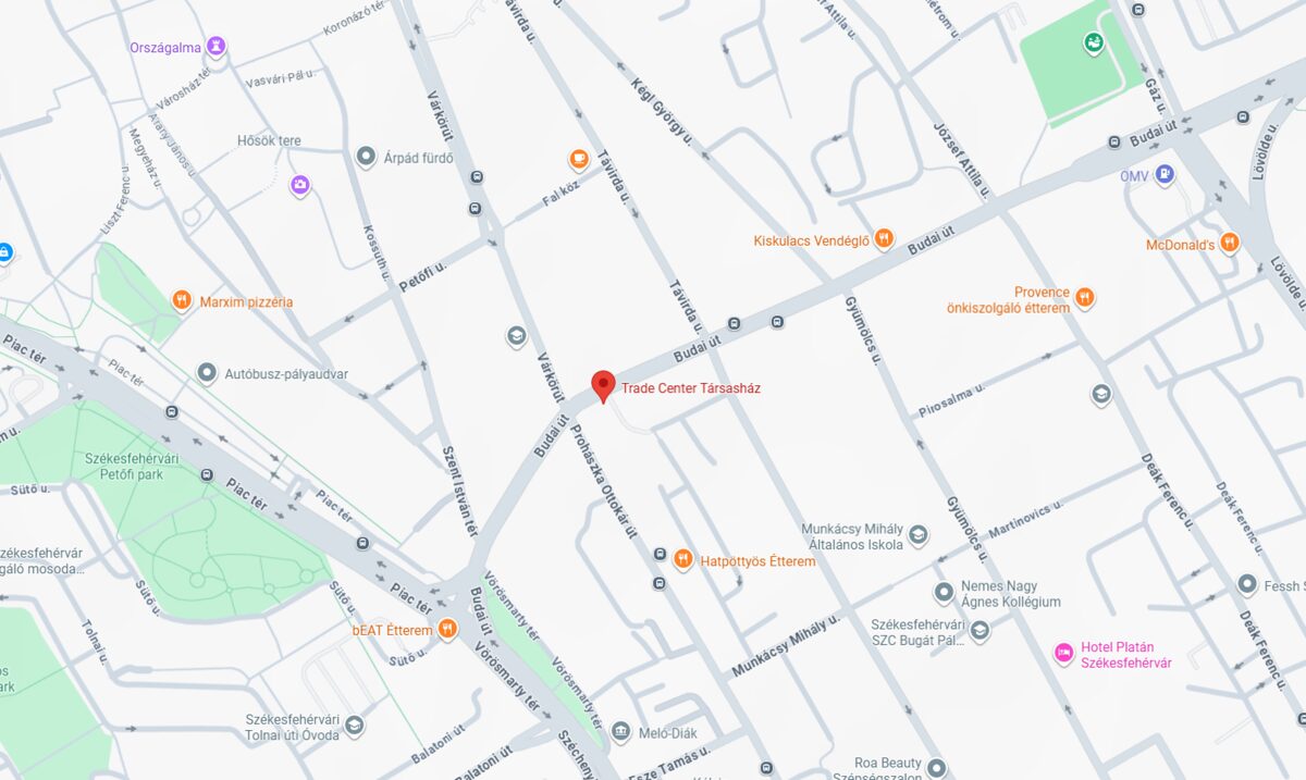 Térkép: a Trade Center Társasház a Budai úton, Székesfehérvár belvárosának keleti szélén — a buszpályaudvartól pár percre
